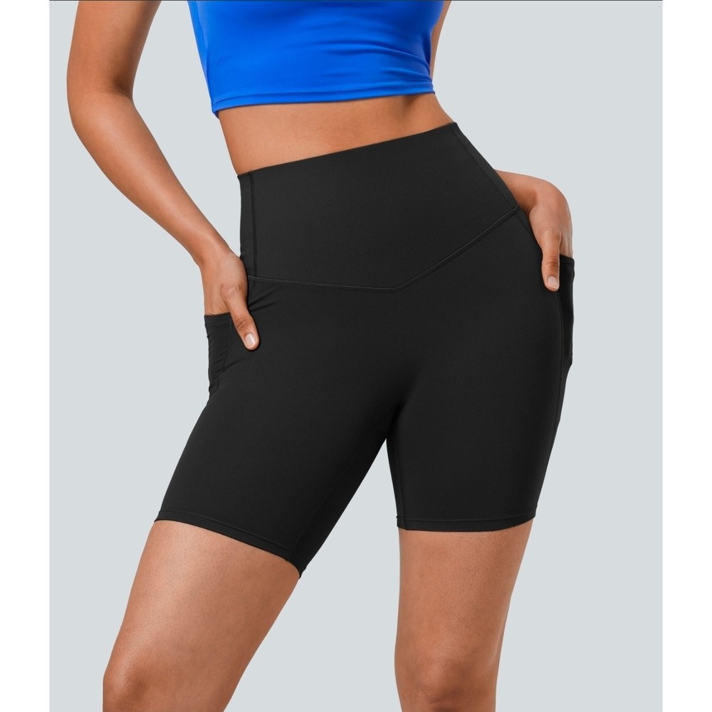 Halara UltraSculpt High Waisted Tummy Control Pocket Biker Shorts Large 7inch